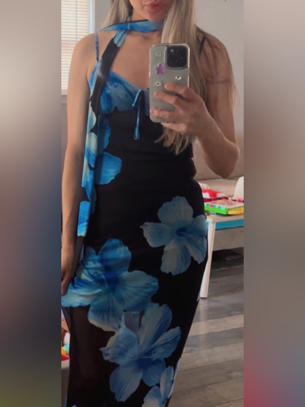 No Comment Black and blue  Midi Dress withFloral Print and Adjustable Straps